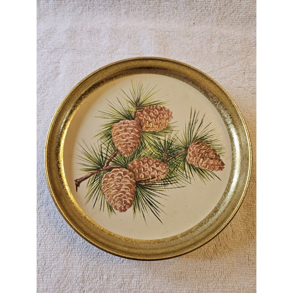 Vintage Small Round Metal Tray Pinecones Branch Gold Tone Snack Appetizer 7 Inch